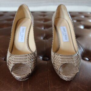 $895 Jimmy Choo peep toe platform snakeskin pumps in grey/green 36 1/2 ITALY